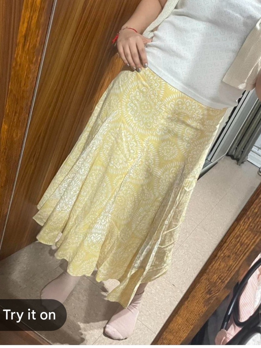 LOFT yellow white floral linen blend lined mid knee length skirt
